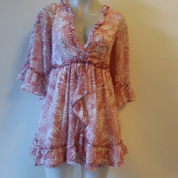 NWT WOMENS INDIKAH ANGEL BIBA PINK WHITE RUFFLED FLORAL V-NECK MINI DRESS S * - Picture 6 of 10